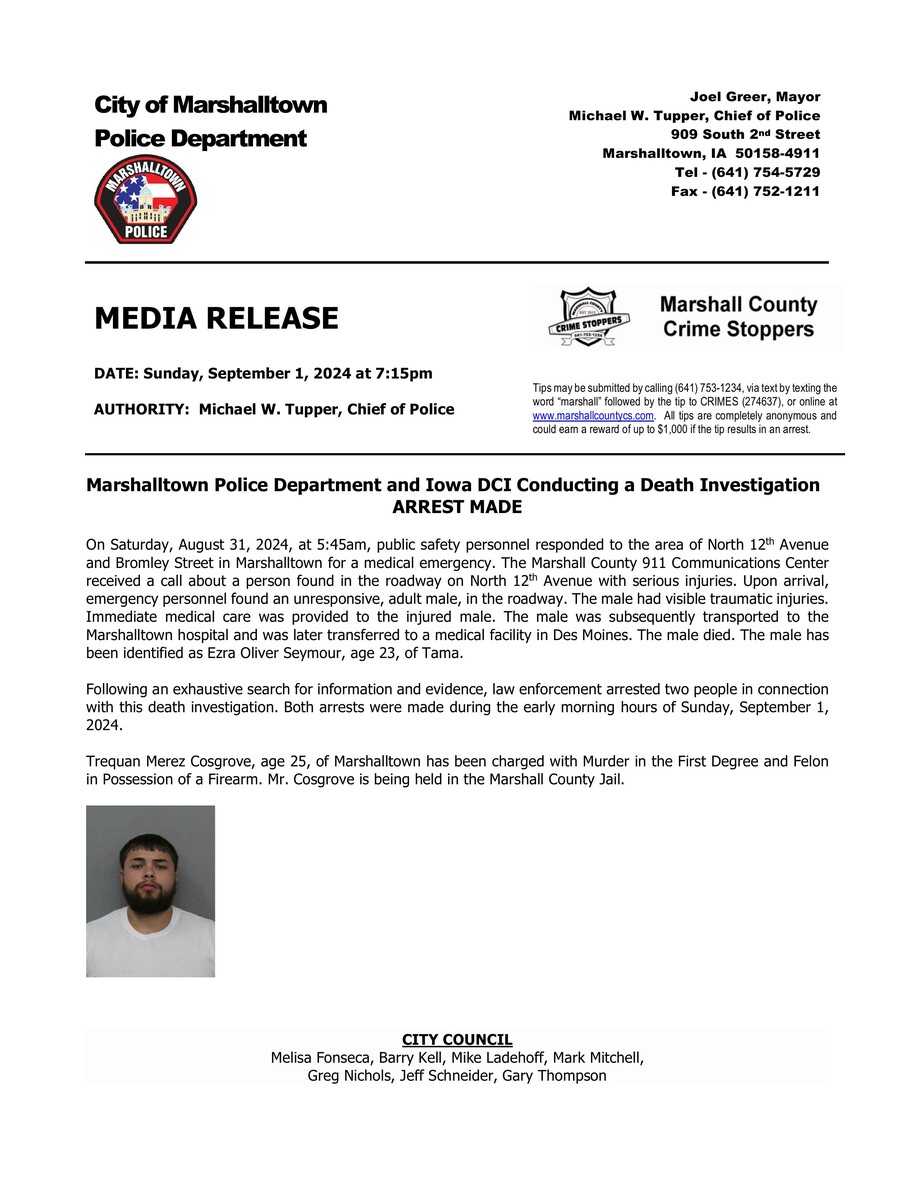 Marshalltown Police Department, Iowa DCI Conducting a Death